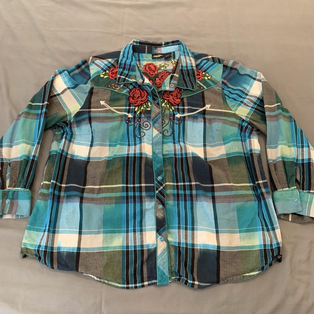Sara Studio Shirt Womens 2X Blue Plaid Long Sleeve Western Floral Embroidered